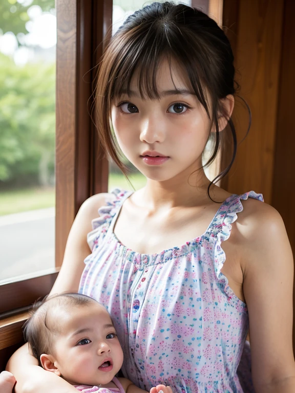 ((nsfw: 1.4)), ((8k, RAW Photos、top-quality, masterpiece)):1.4, (realisitic、Photorealsitic:1.37), natural soft light, photon maping, Radio City, ((1girl and 1baby:1.5)), japanese, 14years , red hair, Detailed face, Detailed lips, detailedeyeore skin, perfectbody, shinny skin, pony tail, (huge-breasted:1.2), slender body, ((A cute see-through purple nightgown with very short pleats, special occasion thong strip panties with pubic hair)), ((thick nipples, erection of nipple, show off nipple)):1.5, ((holding a baby, a baby sucks nipple:1.4)), ((in the hustle and bustle of the city with lots of people:1.2)), cowboy shot 