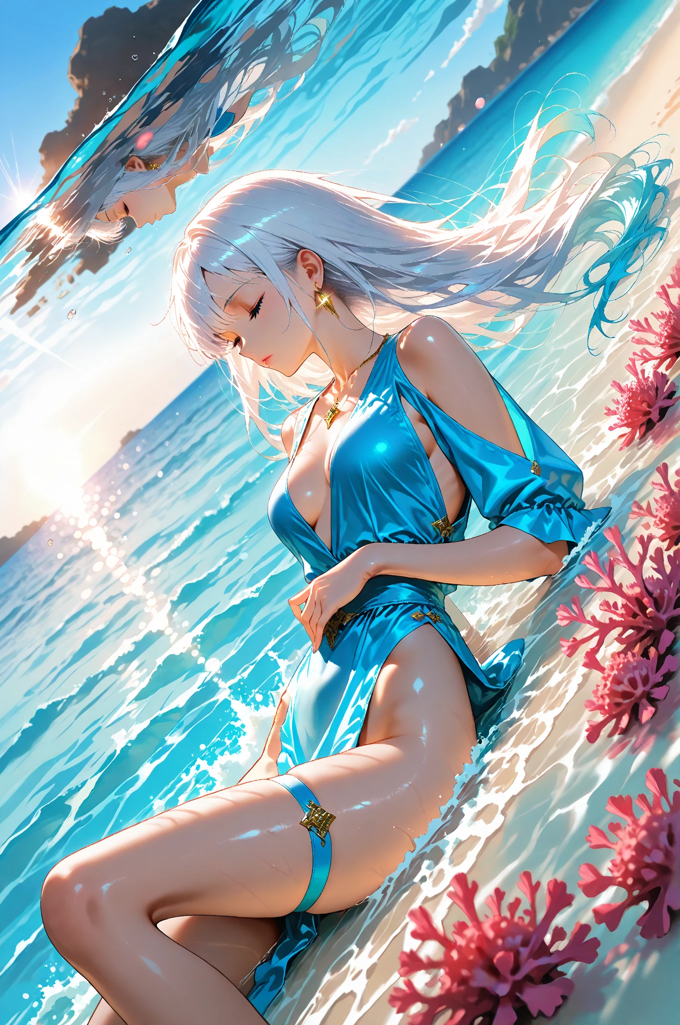 Best quality at best，ultra - detailed，A high resolution，nabel，比基尼，hand on her own chest，The halo，full bodyesbian，wide blue eyes，Raised sexy，8K，，Beth，By the beach，lacepantyhose,with her mouth open,Open your legs,cute big breasts鼻子,cute big breasts，The mouth is relatively large,The legs are relatively long,Big chest,The eyes are relatively large,long whitr hair，The eyeballs are relatively large,Eyes sparkle,Naked foot,The nose is relatively large,white color hair,No shoes，prette,bikini,at a forest,Long legs,cute big breasts脸，vagina，Being fixed in a running posture by a little boy，A little boy is watching，把时间停止定住了cute big breasts少女，Collar，Having children