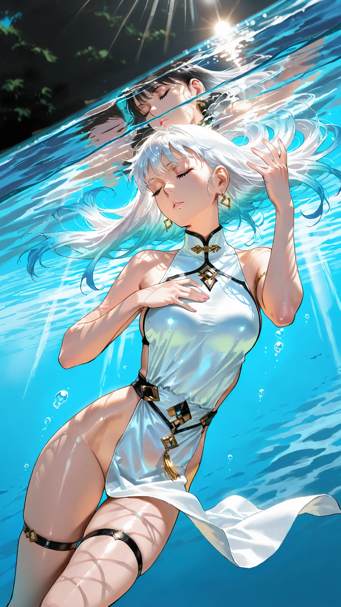 hermaphrodite, Androgynous succubus, (Erection - bulge only in the crotch 、fullbody, Feminine physique、Feminine face), (Seductive facial expressions,Poses to seduce) Wet hair, wet costume, (Wet and drenched by white clouded liquid:1.5), (8K High resolution, high-level image quality、high-detail),(Perfect face),(Liquid -like costume,melted:1.2, transparent:1.3)、Golden eyes、(Perfect arms, Perfect legs, Perfect fingers)、Dynamic Pose, Bewitching smile、long claws、piercings、The tattoo、Ruthless smile、Fur underwear、Demon Horns、tusk（Variations in hair color、Variations in skin color）