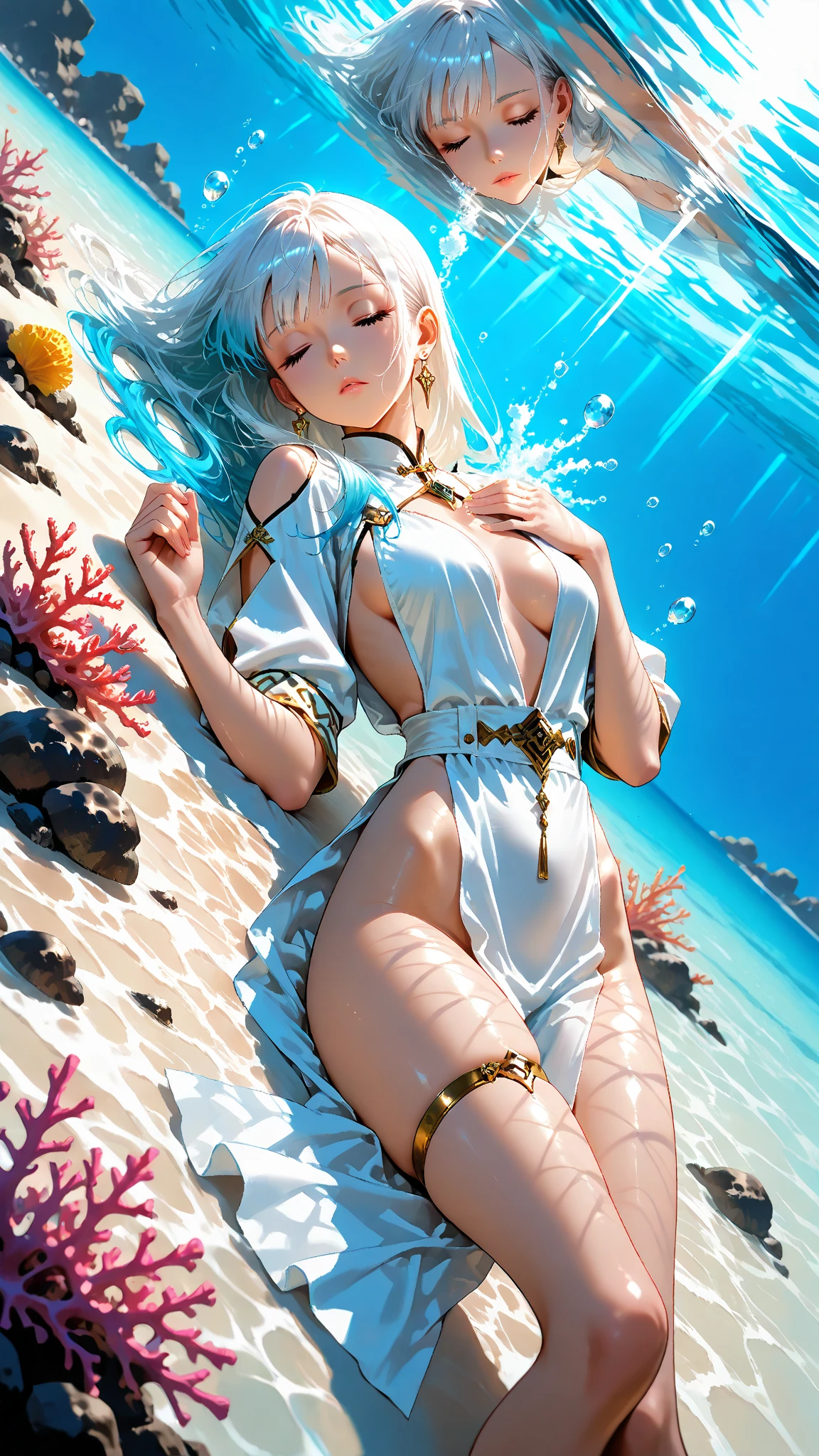 UHD,masterpieces,perfect figure,1girl,solo,white hair,middle breasts,long air,white skin,smooth skin,blue eyes,smilling,speard hair,light-blue dress,beautiful waist,16 years old,white panyhose,nake arms,bows in head back,sitting,bright sky,sunny weather,Translucent fabric,cute style,at the sea,looking at viewer,(zombification:1.35)
