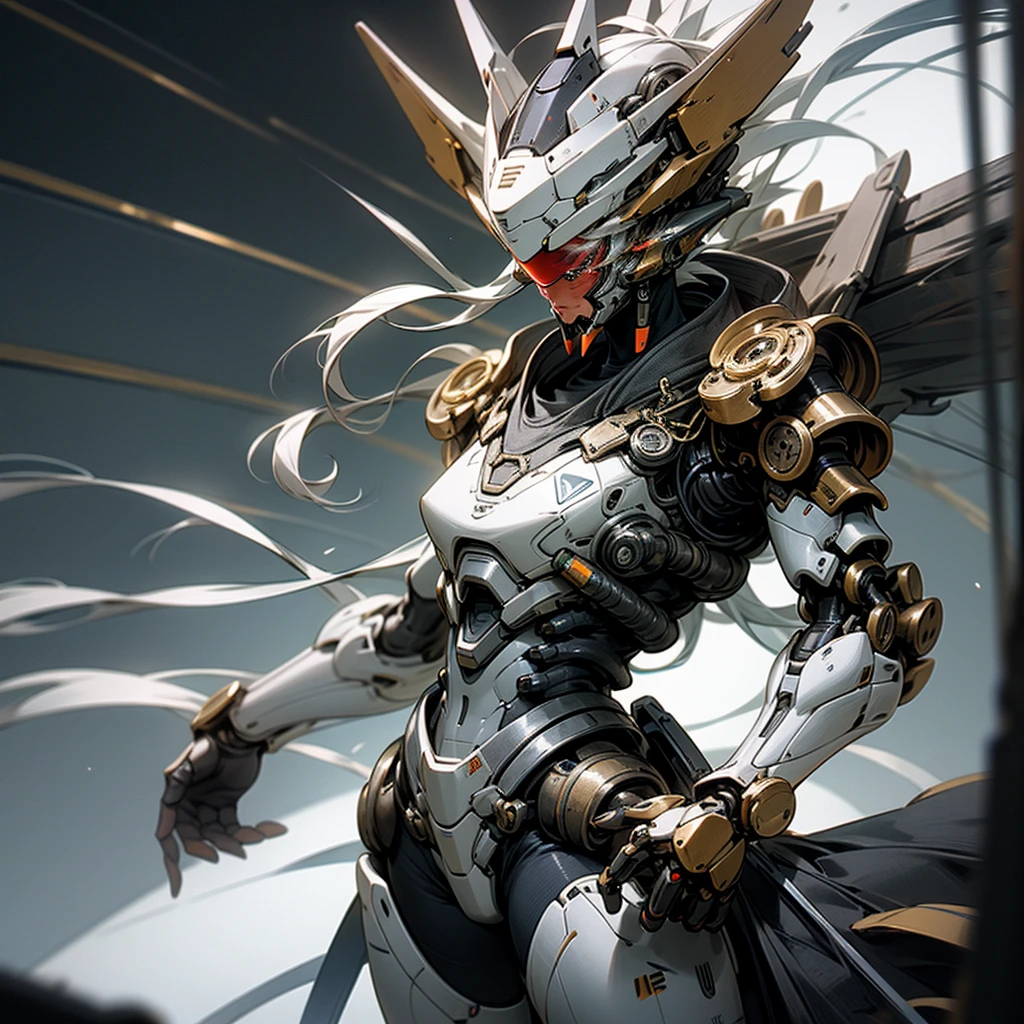 A beautiful game CG with the Doomsday theme as the main body, hyper-detailed, this is a light black and light white complex structure of the mecha, its hands hold a broad heavy armor sword, emitting a fiery red light: 1.2, the eyes emit dazzling red light: 0.8, 3D two-dimensional drawing, the scarf of breaking waves sways with the wind, anime drawing, chiaroscuro, light special effects, mecha detailed and exquisite, mecha face delicate and clear, light source on the eyes, background burning fire of the broken mechanical battlefield