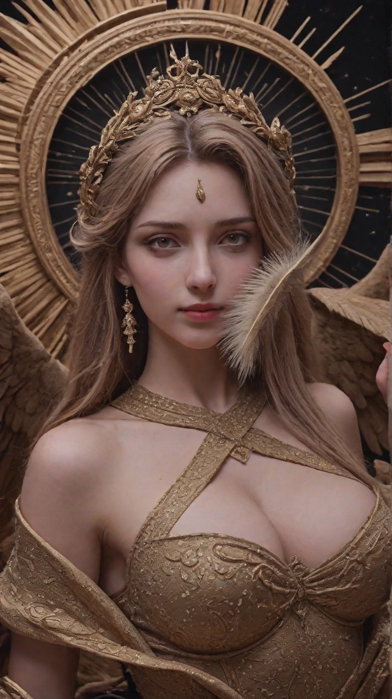 Ultra-detailed complex 3D rendering of the face, (Colossal: 8.8), (masterpiece, top quality, octane rendering, 8K), glamour shot full body image, cleavage, (highly detailed skin: 1.2), (exposure: 1.1), (blonde), (wearing a plummet tank top of gold silk: 1.5)), blonde hair, beautiful Caucasian woman with full soft breasts and white skin, one with big ass, long braided hair, big breasts, dynamic angle, mystical expression, ultra-realistic photography, (((((portrait))), bare feet, futuristic city background, facial muscles, detailed and beautiful queen tiara, in the style of Marvel Comics, clear focus, studio photography, intricate details, highly detailed, detailed yellow eyes, sharp focus, digital rendering, professional, abs, (((((sexy pose))), natural jungle, open mouth lightly, mansuji, crotch open, seductive look, angel ring, detailed angel wings, angel ring, detailed and beautiful mouth, detailed jewelry necklace, perfect body beauty: 1.4, glowing light particles,