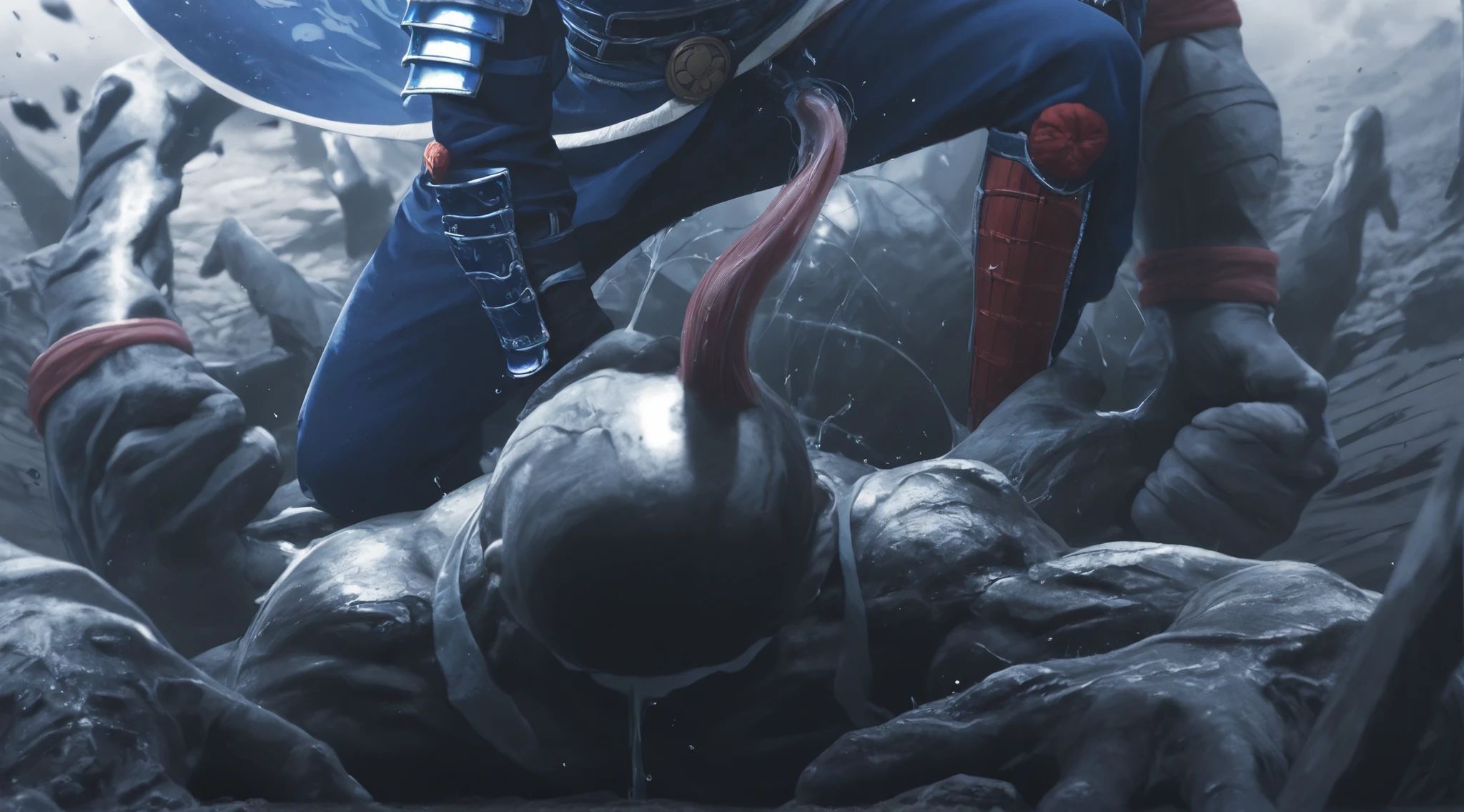 masked, Superhero, hero, strongest human, strong and robust male, savior, bound, subdued, unable to move, immobilized, tentacle, Armor, helmet, Tentacle entanglement, uniform, Wrapped around the body, Binding hands togethe, A gagged mouth, Foreign object invasion