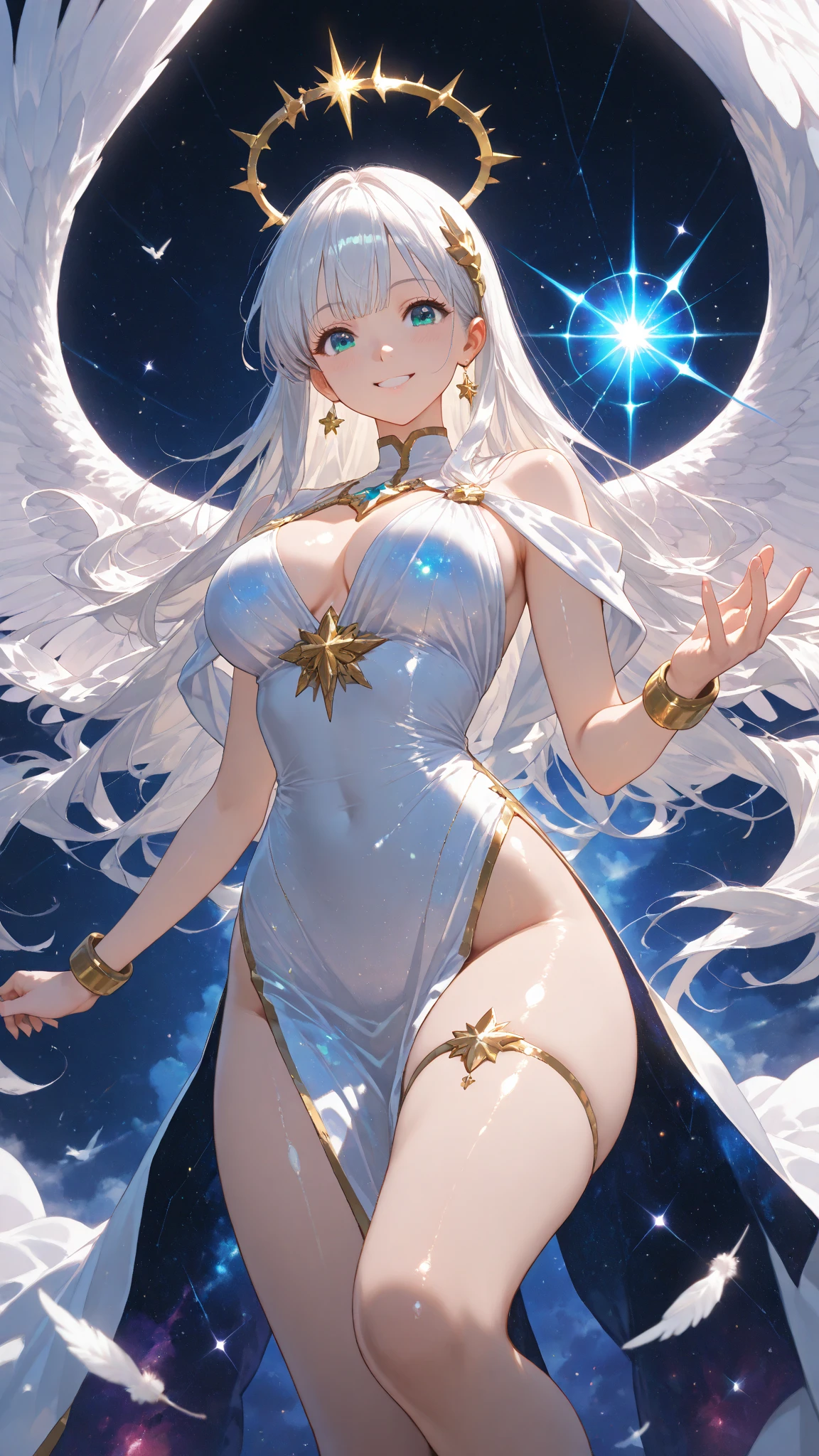 female, gold long hair with silver highlights, gold eyes, pure white metal skin, gold and white angel wings, robotic (((1girl))), (((white metal robes))), (white detached sleeves), cute and sexy, full body, large breasts, large butt, long legs, smiling