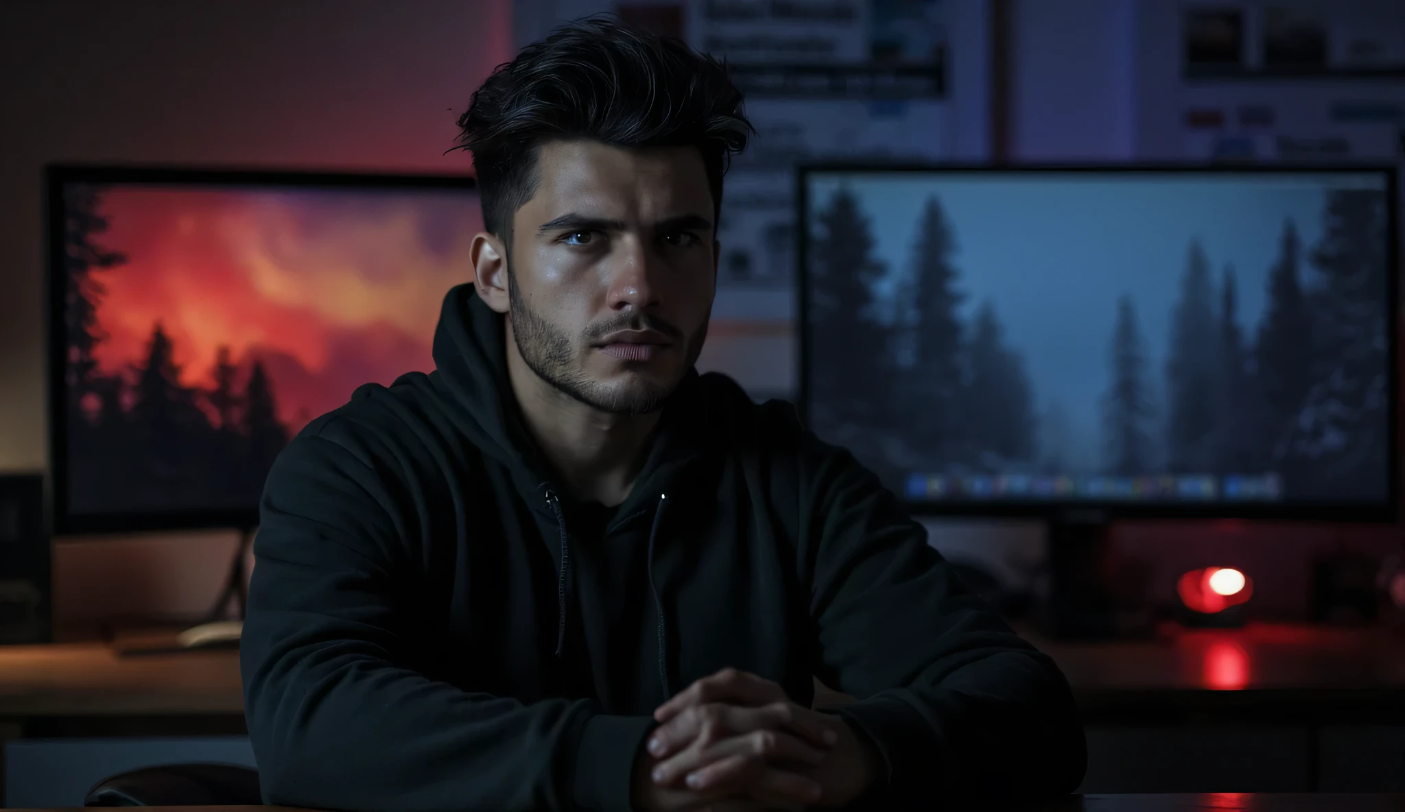 A handsome light-skinned man around 25 years old is seated at a wooden desk in a dimly lit room. He is centered in the frame, facing the viewer directly. He has short dark hair, attractive and symmetrical facial features, and a serious, contemplative expression. He is wearing a black hoodie, with an average build, and his hands rest naturally on the desk. Behind him are only two computer monitors: the left screen displays a realistic red-toned fire, and the right screen shows a foggy forest in deep blue tones. These monitors emit subtle red and blue lighting, casting realistic colored reflections on the desk and the side of the man’s face and clothing. The lighting in the room is cinematic, mixing warm and cool tones with dramatic shadows and highlights. A podcast microphone is on the desk to his right. The focus is sharp on the man’s posture, skin texture, and expression. The atmosphere is highly realistic, immersive, and intense, captured with a DSLR-style depth of field in 4K ultra HD quality. The image should look indistinguishable from a real human photo. Aspect ratio 16:9.