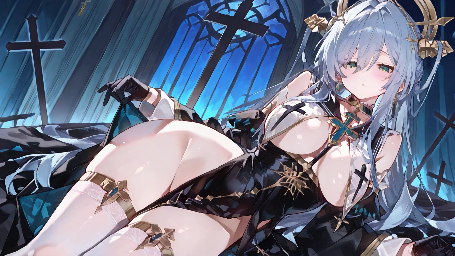 (best quality, In 4K, 8K, High resolution, muste piece:1.2),Super detailed,30 years old woman,ripe woman,Mature woman,,muster piece, Top quality, Ultra-fine,maximum resolution, Extremely detailed, sexy,beautiful eyes,cool&Beauty,(bikini armor, valkyrie armor,amazons,thigh high socks,large breasts,groin focus,helm,)),thong,braided hair,Seductive thighs,Cord,white hair,short bob cut,cowboy shot,in Medieval Castle,spear in hand