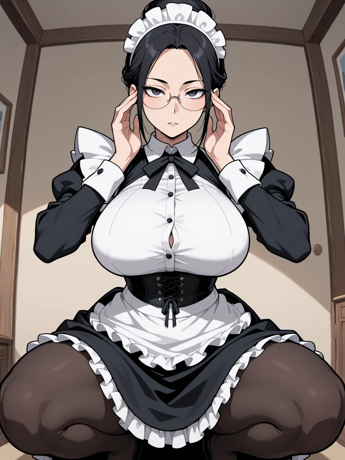 nsfw,anime screencap,official art, nsfw,sex with one man,blowjob,facial ,creampie,straddling on the man,1 woman, 2 men,black maid uniform,maid apron,black garter belt,black stockings,spread legs,boobs,large breasts,short of a person,pubic hair,big areola,plump body,pale skin,beautiful face,sharp eyes,angry,glare at,ponytail,lightgrey hair,orangered eyes,focusing,castle,ruins,glasses,anime style,high quality,masterpiece,(blowjob,hand job)
