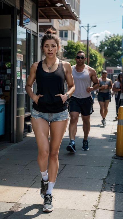 masterpiece, 8k, high resolution, best quality, ultra detailed), head to toe body photo, 1 man and a woman in one photo. The man is looking at the woman running behind her, he is very tall, bodybuilder, huge and exaggerated muscles, hot, perfect elongated face, handsome, bald, deep and detailed eyes, bald, shaved head, perfect body, 30 years old, muscular , very tall, pale skin, very white skin, very tall (he is about 6 feet 5 inches, very muscular, large pecs, big shoulders, well-defined abs, smiling, attractive, winning, he is a model, his dress is casual, he has blue tennis shoes, black shorts and blue shirt, daytime scene that has a dynamic shine and sun, he is running after the woman, as if they were playing. The man is taller than the woman. The woman has long, straight blonde hair. and wavy, big butt, big breasts, narrow waist, beautiful breasts, white blouse with tight neckline, black miniskirt with big thighs and fortified high heels, garter belt, face looks super realistic, very dark sensual makeup, pink lipstick, honey blonde hair, ice blue eyes, raw style and weighs approximately 150 pounds. Run away from the man