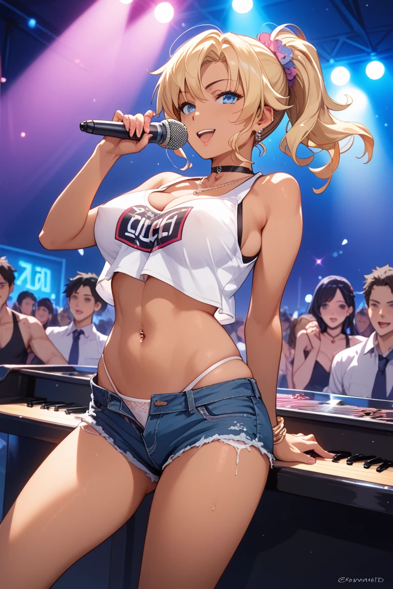 masterpiece,best quality, ultra-detailed,1girl(sakurai momoka, lovely small breasts, glow skin, wavy hair, long hair, blonde hair, headband(red ribbon),green eyes),a face in love, smile, open mouth, glow lips, head tilt, solo, blue jacket, white tank_top,covered nipples, navel, blue short shorts,  fishnets pantyhose, in the stage, dancing, sexy dance, Sexy waist teasing, mike grab, sing , singing
