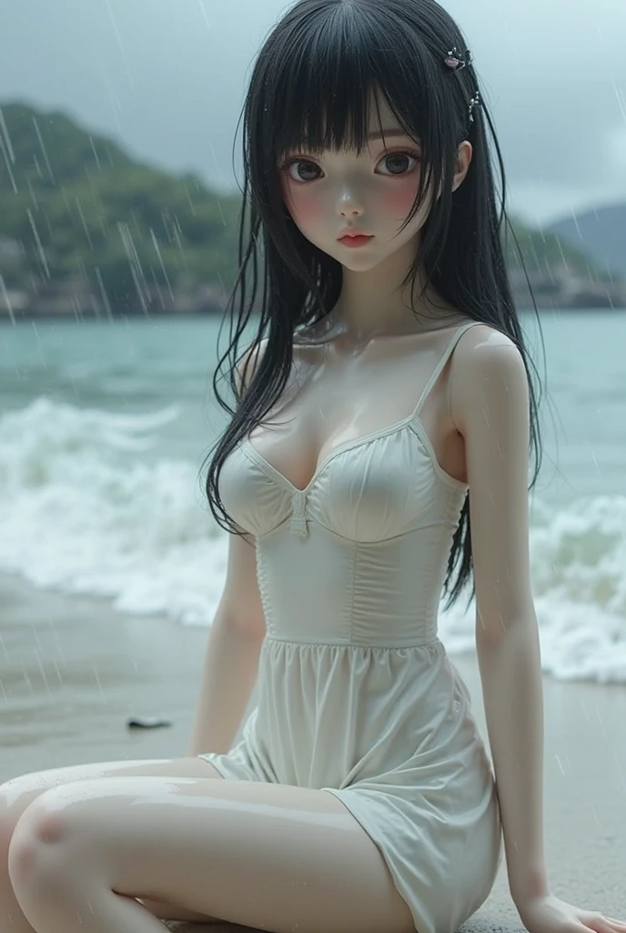Cute girls，Fair and delicate skin，perfect bodies，white dresses，realisticlying，adolable，Show anime girls in life，beautiful and seductive，Noble temperament，beachside，Half exposed breasts，Melon seed face，Long black hair with shawl