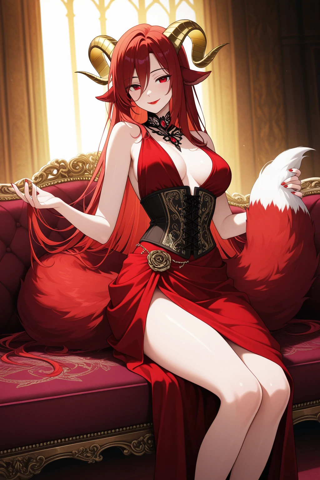 Fox Beauty,Anime style,Seductive laughter,Heart-shaped pupil,High heel,Sitting,In the forest,Orange-red hair,8k,Tyndall effect,Queen style,Enchanted magic