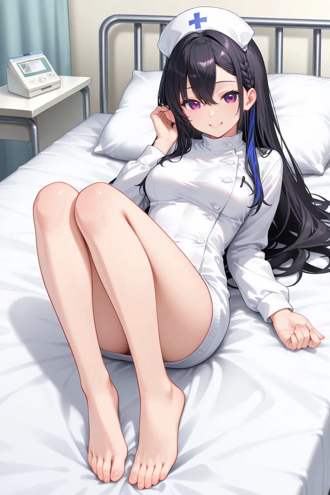 Alafi in a purple uniform sat on the bed, gorgeous chinese models, Sitting on the bed, sit on a bed, sitting on her bed, Very sexy pose, Very seductive pose, Sexy pose, pretty face with arms and legs, Korean girl, elegant seducing pose, Attractive pose, Gorgeous young Korean woman, Japanese goddess, Sexy girl，stewardess，Beautiful flight attendant，Purple flight attendant costume，With a hat on，Painter's hat，Flight attendant hat，Flight attendant hat，Flight attendants，Flight attendant girl，bralette，cleavage，Bigboobs，boobgasm，