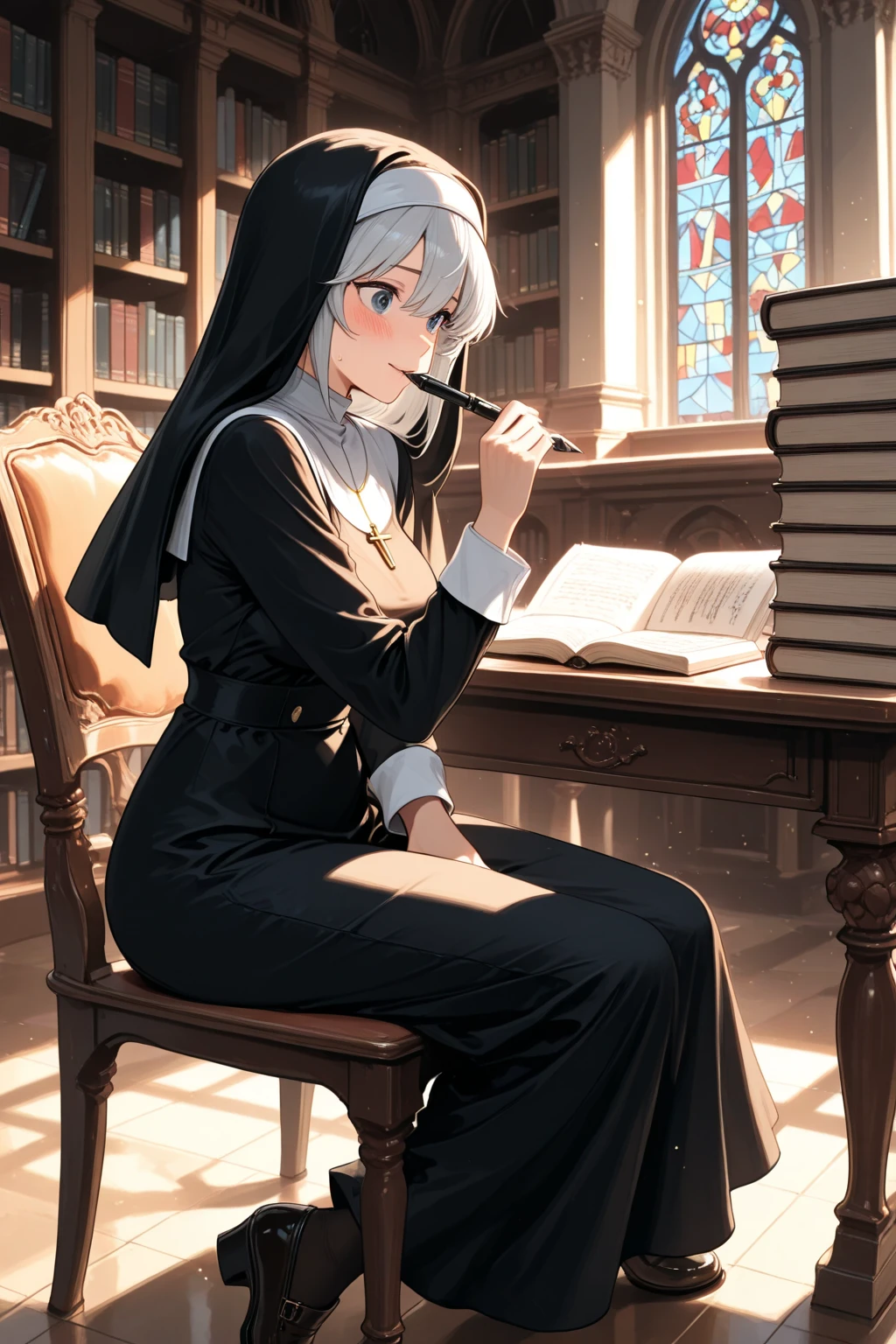 teacher AND nun, bimbo, green hair, purple eyes, teacher clothes, emotionless, hugging books