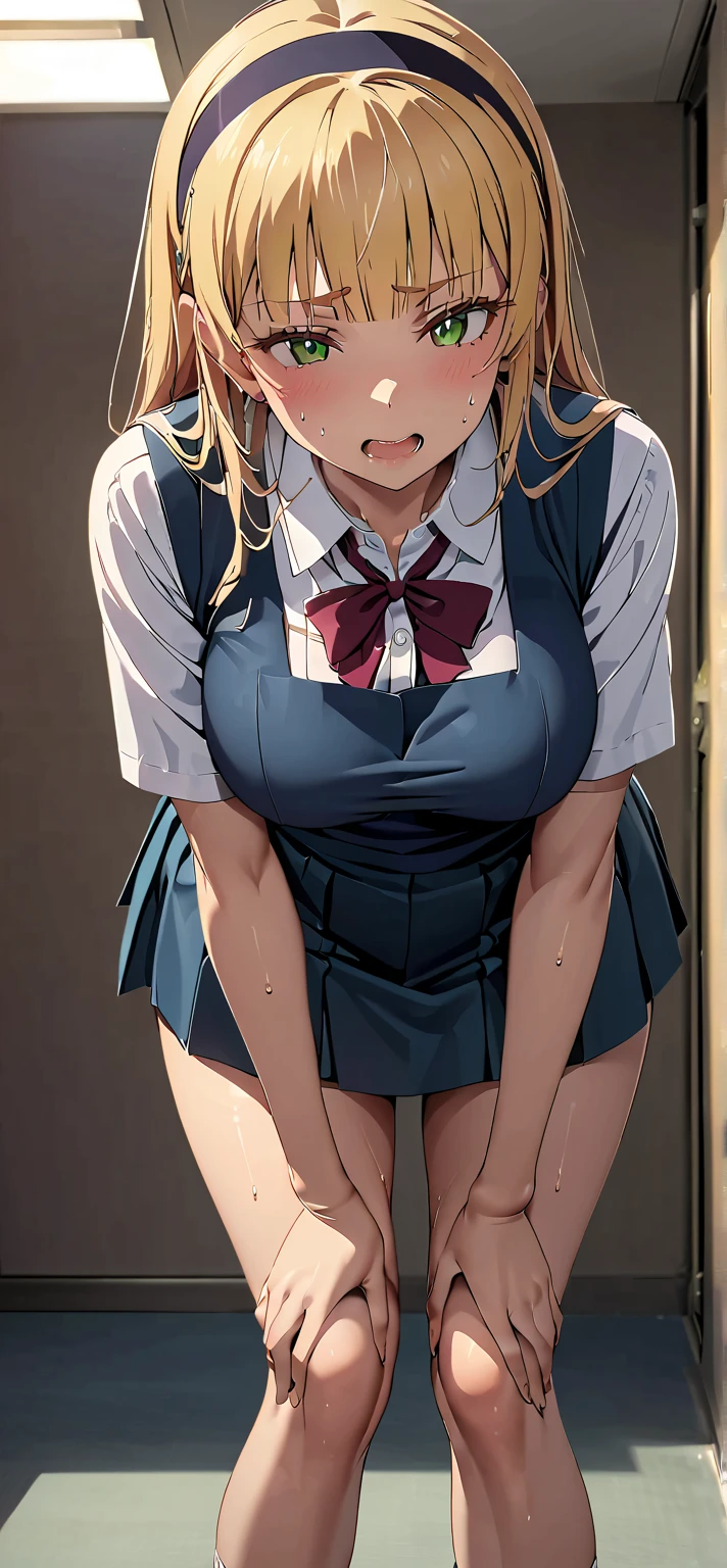 ((Correct Anatomy)),(Are standing),(Female student)、((school uniform))、((Short sleeve))、(Mini Pleated Skirt),(((Black Stockings))),((Lace panties)),((Lace bra)),((School stairs)),Ultra-high resolution,Mature Woman, Mature Woman, Very detailed,Sunburned skin,Brown Skin, (Big Breasts),((Beautiful feet)),Perfect hands, Detailed fingers, Beautiful details, ((Long blonde hair)),((ponytail)),Black Choker, Earrings,Perfect Eyes, Captivating eyes,(open-chest)