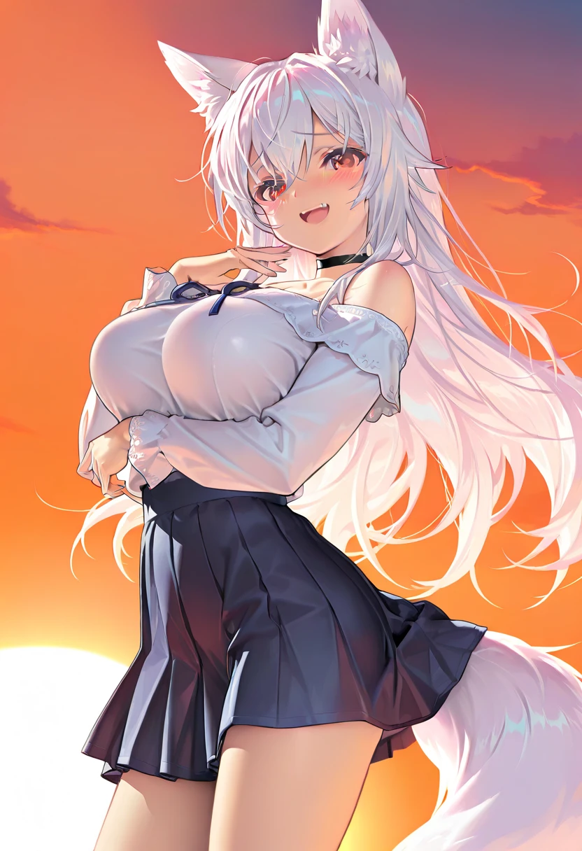 ((masterpiece, highest quality, High resolution, Hmm, RTX, perfect pixel, Depth of the bounds written, 2k, very detailed))), 1 girl, single, alone, beautiful anime girl, beautiful art style, anime character, (grey leopard ears, long hair, parted bangs, middle part bangs, Grey hair)), ((grey eyes:1.4, round eyes, beautiful eyelashes, realistic eyes)), ((detailed face, blush:1.2)), ((smooth texture:0.75, realistic texture:0.65, realistic:1.1, Anime CG style, Bright colors)), ((((very enormous ???????, very enormous ???????)))), dynamic angle, perfect body, ((throw, dynamic pose, close)), ((white buttoned shirt, overalls, heart Necklace)), open your mouth, embarrassing, amusement park