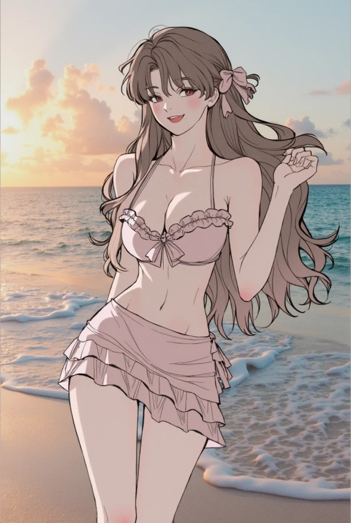 (Saito_Miyako_oshinoko,brown_hair, 前hair, length_hair, Earrings, jewelry, hair_between_eye, Closed_mouth, purple_eye),Best image quality, Highest quality, Perfect Anatomy, High resolution, Super detailed, 8k wallpaper, texture, detailed, personality,naked,(blush),(Huge breasts:1.2),Mature Woman,(Beach:1.4),Cowboy Shot,Leaning forward,Smile