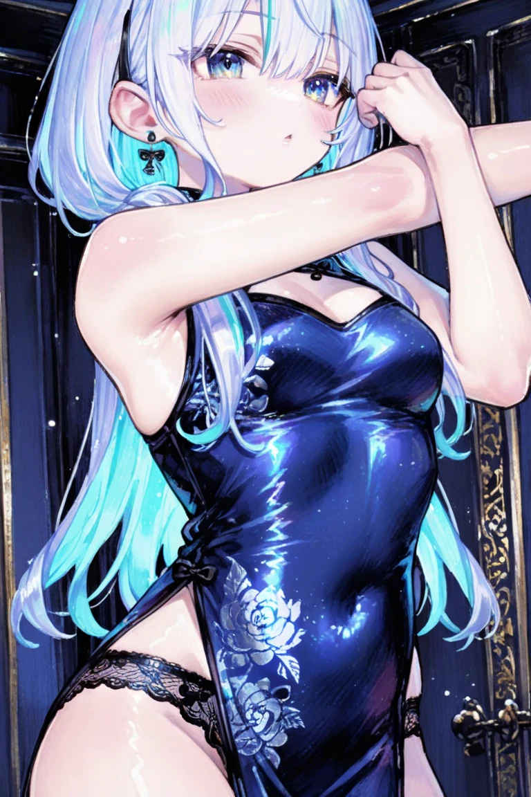 Masterpiece, best quality, 1 girl, full body, blue hair, long hair, purple eyes, slim body, slim legs, playing piano, colorful dress, night, moon, shooting stars, clouds, lake shore, (delicate eyes and face), head rope, lips slightly open