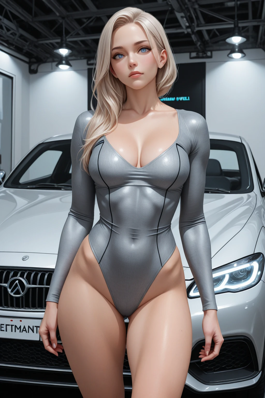 highest quality, 1 female, very tortuous, (big breasts, cleavage)、blonde beauty、18 year old sexy Belarusian model, bob hair、racing suit, lip whole, seductive , skirt、Race queen appears、A thin、 master painting, highest quality, realistic, Super detailed, (shiny skin:1.4), thin,dynamic light and shadow,High resolution,sharp focus on breasts、A thin、(thick thighs),sky sky、grid girl, underboob, wear a grid_girl'sponsored costumes'The logo is printed on, (stand in a motorsport race)+ put your left hand on your waist、((angle from below))、blur the background、smile