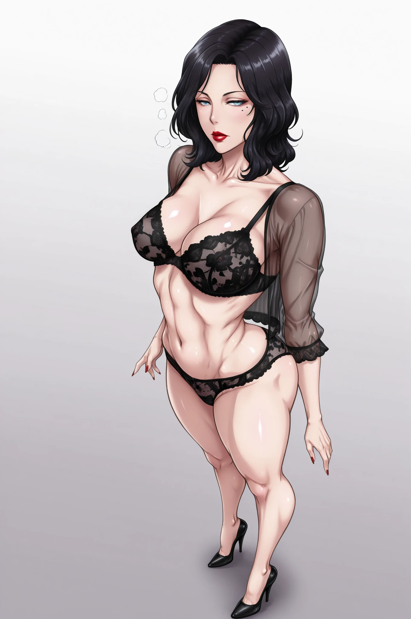 gorgeous woman, short black hair with red streaks, glowing purple eyes, full body shot