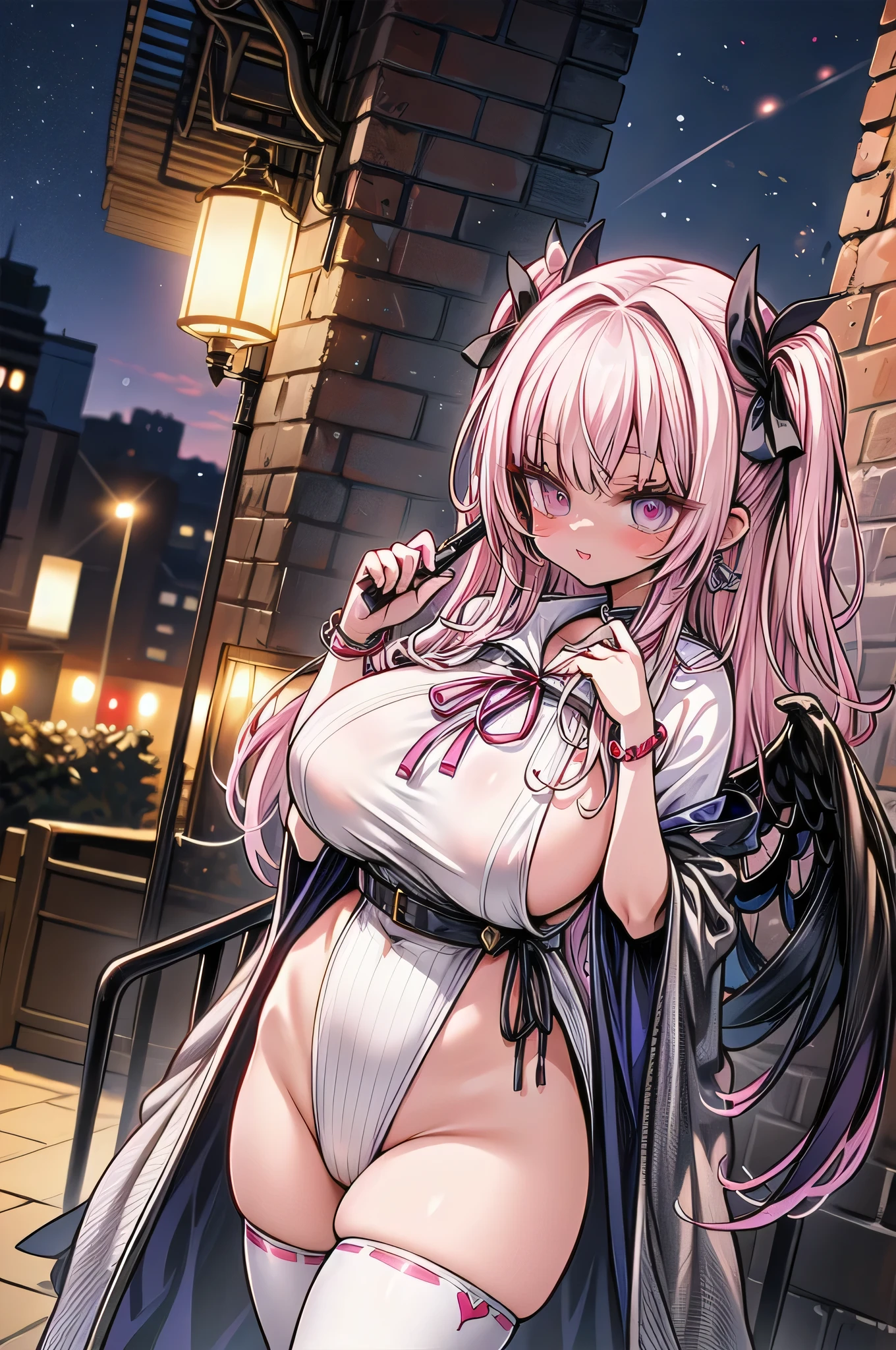 ((top quality)), ((masterpiece)), (huge sagging breasts:1.38),thick legs,Patterned clothing.Magical Girl,pink hair.(dark skin:1.25). magic wand. cowboy shot. in the city,