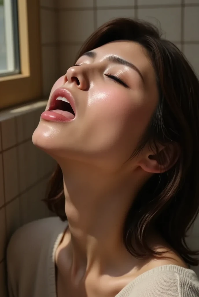 beautiful japanese actress,(photo realistic:1.4), (hyper realistic:1.4), (realistic:1.3),very detailed, edge orgasm,face Focus, woman with open mouth and closed eyes , woman with edge _face、35 years old、black haired、 news anchor、very small toilet,((Sweat)),((skin shining with Sweat))((Clabrasion glistening with Sweat,face shining with Sweat)),((Sweaty skin))((Sweaty skin)),Entrance to the house、In front of the front door、in front of the shoe box、white collared shirt,tied hair、teacher,(((wet filter))),,(((faceのクローズアップ)))