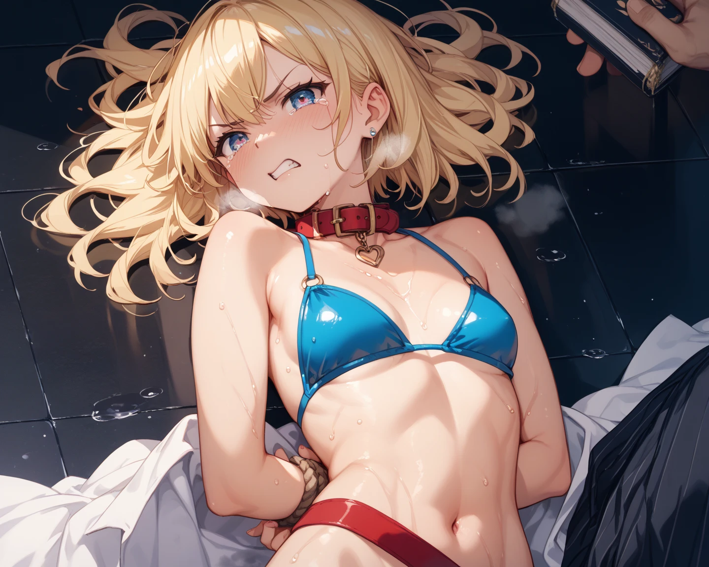 top-quality, hight resolution, 18 with, 1girl in, Android 18, 独奏, blonde  hair, blue eyess, shorth hair, 耳Nipple Ring, jewely, Medium chest, cowboy  shot, Street, uniformss,Buttoned shirt、open-shirt、cleavage of the breast、Impatient expression、Chagrined mouth、face that seems to cry、full body Esbian、opened legs、bend knee、（Spread your legs on a chair、Sitting on a chair:1.5）、Open your knees from side to side、Black High Heels、Seen from the front、Looking up from below:1.3、Put your hands behind your body、underwear、Black Lace Bra