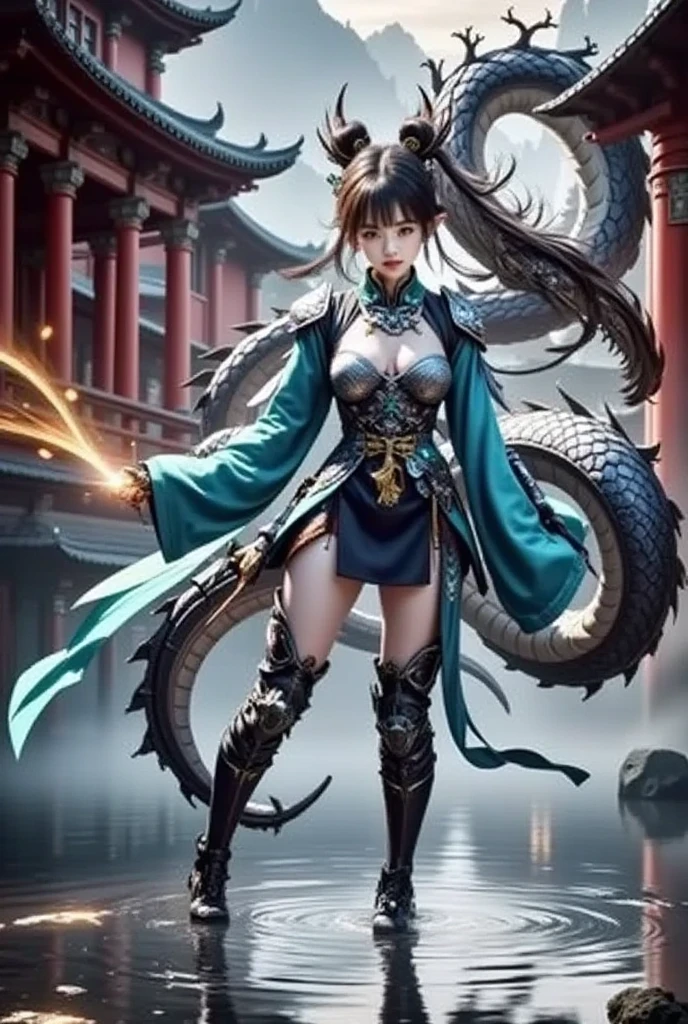 A girl, （focuses on the girl：1.5）,((full-size photograph)),Perfect facial features, Happy expression，a dragon behind her,Dragon,((Depth of field))， (sword dance action: 1.4), (water splash effect: 1.2), in a panoramic view, water，yushuishu，（（Best quality））, 16k, rendering by octane, movie level special effects, Landscape background, fierce battle scenes, Realistic，