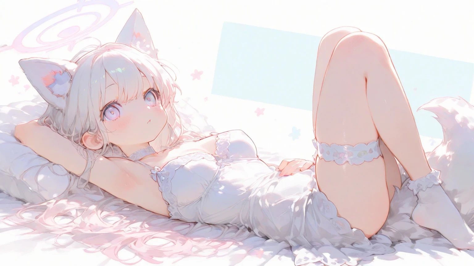 Anime cat ears girl，White color hair，White lace bra，huge tit，Lie down in bed, Loli in a short white skirt, small curvaceous loli, Guviz-style artwork, Guweiz in Pixiv ArtStation, Guweiz on ArtStation Pixiv, Guviz, small loli girl, Soft anime illustration, Anime visuals of cute girls, Detailed digital anime art