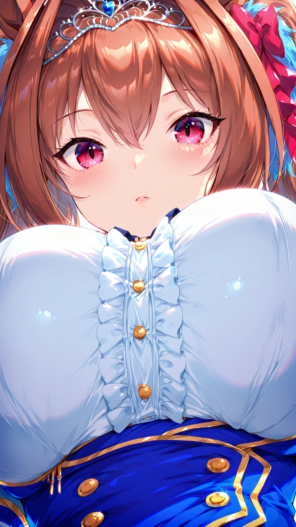 adult woman、exact number of fingers、Exact number of legs、Exact number of arms、bangs, ribbon ponytail, brown hair, (blush:1), (put one hand in your panties:1.8), fingering, (pussy juice:1.2), cum in mouth, (A woman is holding a microphone and is about to sing:1.5)、white and navy idol costume、That costume includes a navy blue idol-style corset., That costume has a ribbon on the collar.、The costume covers the shoulders, sides, upper arms, and arms., That costume only opens wide at the chest.、high socks、white idol style skirt, (Detailed and luxuriously decorated underwear:1.3), Ribbon at collar, (White and pink panties with lots of lace:1.3), white lace bra:1.2), sexy underwear, Thighhighs、 beautiful big breasts, (erect nipples:1), the skirt is turned up、highest quality, High resolution, (detailed and beautiful eyes:1.6), highly detailed face, perfect lighting, Very detailed CG, (perfect hands, perfect anatomy),embarrassed expression、The expression that you are holding back from going to the toilet, (sexual pleasure expression:1.4), (expression of agony:1.2)、sexy look、look upward、mouth half open、Climax、(live stage、a lot of spectators:1.3)、whole body