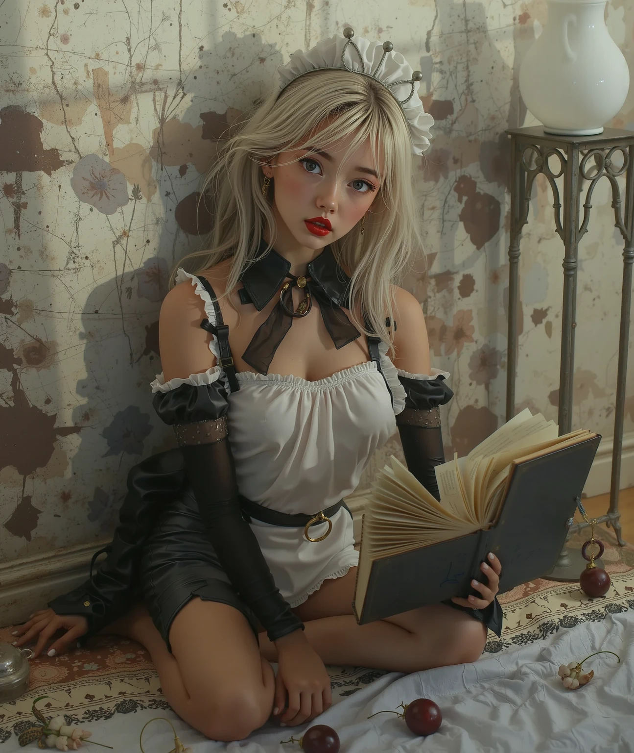 (Front Focus),(In the Dark:1.6), Hyperrealist portrait of female by david hockney and alphonse mucha,Fantasy Art, photographrealistic, Dynamic lighting, art stations, poster for, Volumetric lighting, extra detailed face, 4 k, awardwinning,, 1girl in,tiny chest, In the Dark, deepshadow, lowkey,(official clothing:1.4) ,Long hair,White hair,thin ankles,Skinny Legs,Short boots with lace,toppless,Sit on a wooden bed,white panties,pretty pose,open one's legs,Naked,