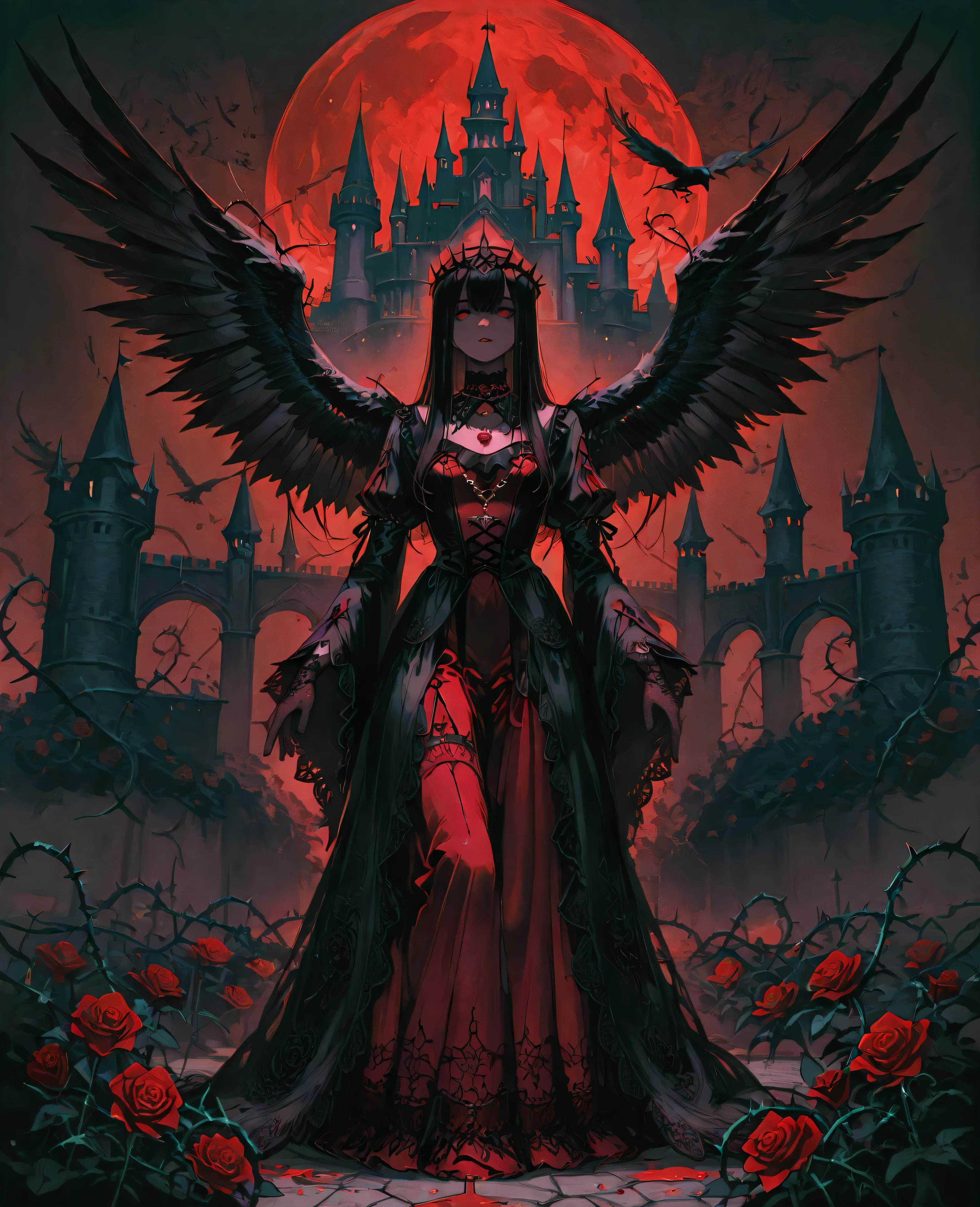 Exquisite Art, Master's Work, delicate texture, Gothic Queen Standing in the Moonlight, Black Feather Decoration, Crown of Thorns , Blood Drop Necklace, Dark Red Tunic Dress, Lace Gloves, Long Black Hair Fluttering, melancholy expression, Rose Garden Background, Full moon in the sky, Crows surround, Castle silhouette, Mysterious Mist, Dark Tones, Romantic Gothic Style