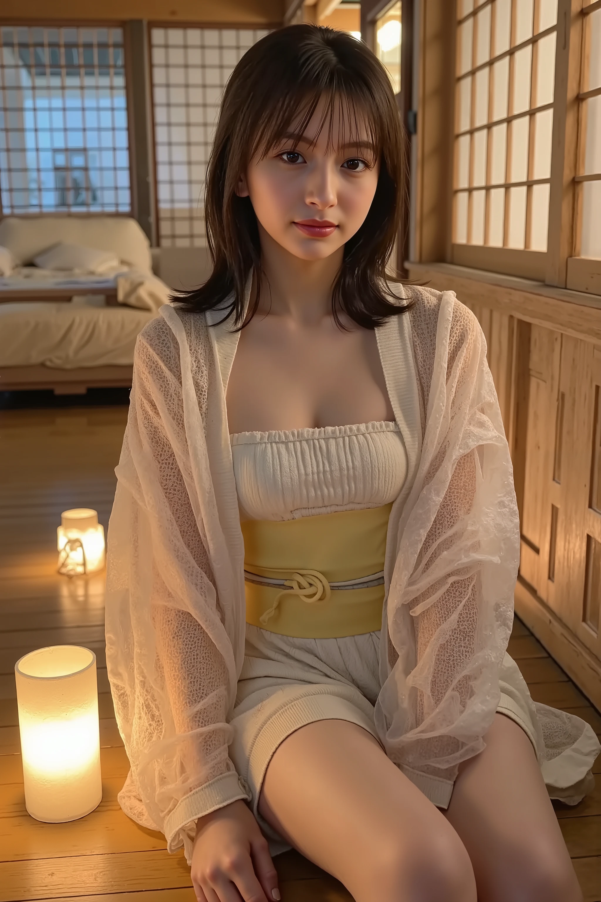 A、A young woman in a short yukata sits on the wooden floor、Illuminated by the soft light of lanterns。Her chest is revealed from a loose yukata。Japanese style architecture、Traditional Wooden Architecture、Shoji door、summer night、steam can get in、moist atmosphere、photorealistic、soft lighting