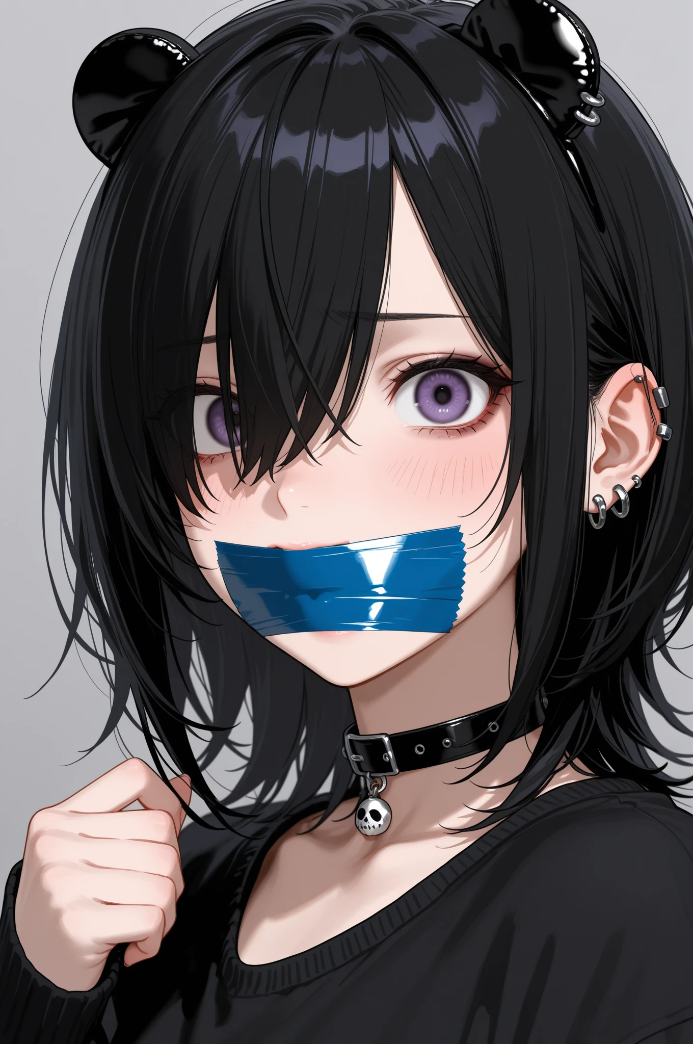 masterpiece, (best quality), perfect eyes, bound, bondage, (arms behind back:1.4), bdsm, tape gag, tape, tape bondage, close-up, restrained, best anatomy, curled up, upper body, shinobu kochou, black hair, forehead, gradient hair, hair ornament, multicolored hair, parted bangs, purple hair, tank top