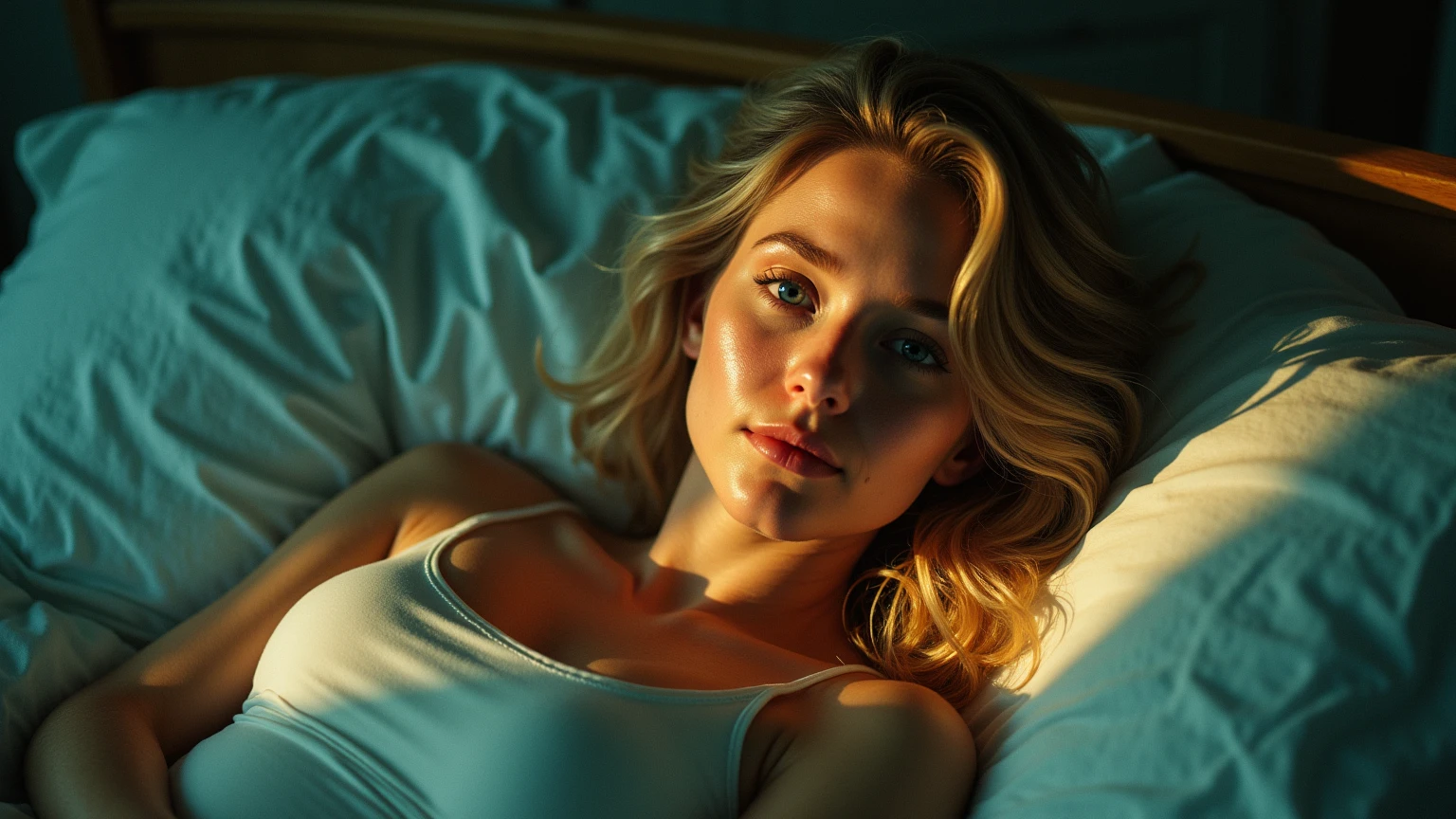 super realistic, highly detailed, sexy, young,european blonde, medium breasts, blue eyes, 2, iPhone 14 Pro Max camera, Merger_mati_catentes, (twilight:1.2) , (soft lighting:1.2), (luxurious bedding :1.2), photorealistic, raw, textured skin, skin pores, intricate details, epiCRealism