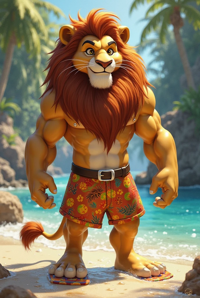a huge fat male lion with a blond mane, extremely detailed eyes, long fur, very hairy, a very large and fat belly, fat belly, big and fat butt, not muscular, wearing a tight jockstrap, in a swimming pool in a garden, face portrait, face portrait realistic, flexing arm, realistic, 8k, photorealistic, correct eyes, correct anatomy, correct hand
