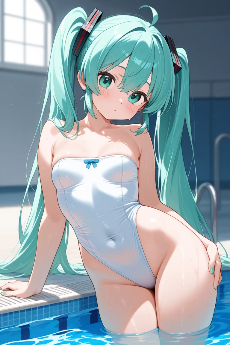 anime, 1 girl, (Hatsune_Miku), long hair, blue hair, hair ornaments, smile, Pause , Blue Bunny Costume, rabbit ears, rabbit tail, bare shoulders, strapless, thighs thighs thighs, glittering background、squatting with legs wide open、ecstatic expression、Too exposed、Squatting with crotch open、blush、エロいPause、Toro face、plump thighs、Drenched in sweat、Sweat dripping、mouth wide open、Ahegao、Squirting、incontinence、Cramp、focus、目のfocusが合ってない、A large amount of water is coming out from the crotch、squatting at the middle waist、Urine is leaking、Pyu pyu pyu pyu pyu pyu pyu、I&#39;m leaking pee and pee、arms raised above head、Mulemure、Stuffy stuffiness、Drops of water dripping from the crotch、double piece、love juice