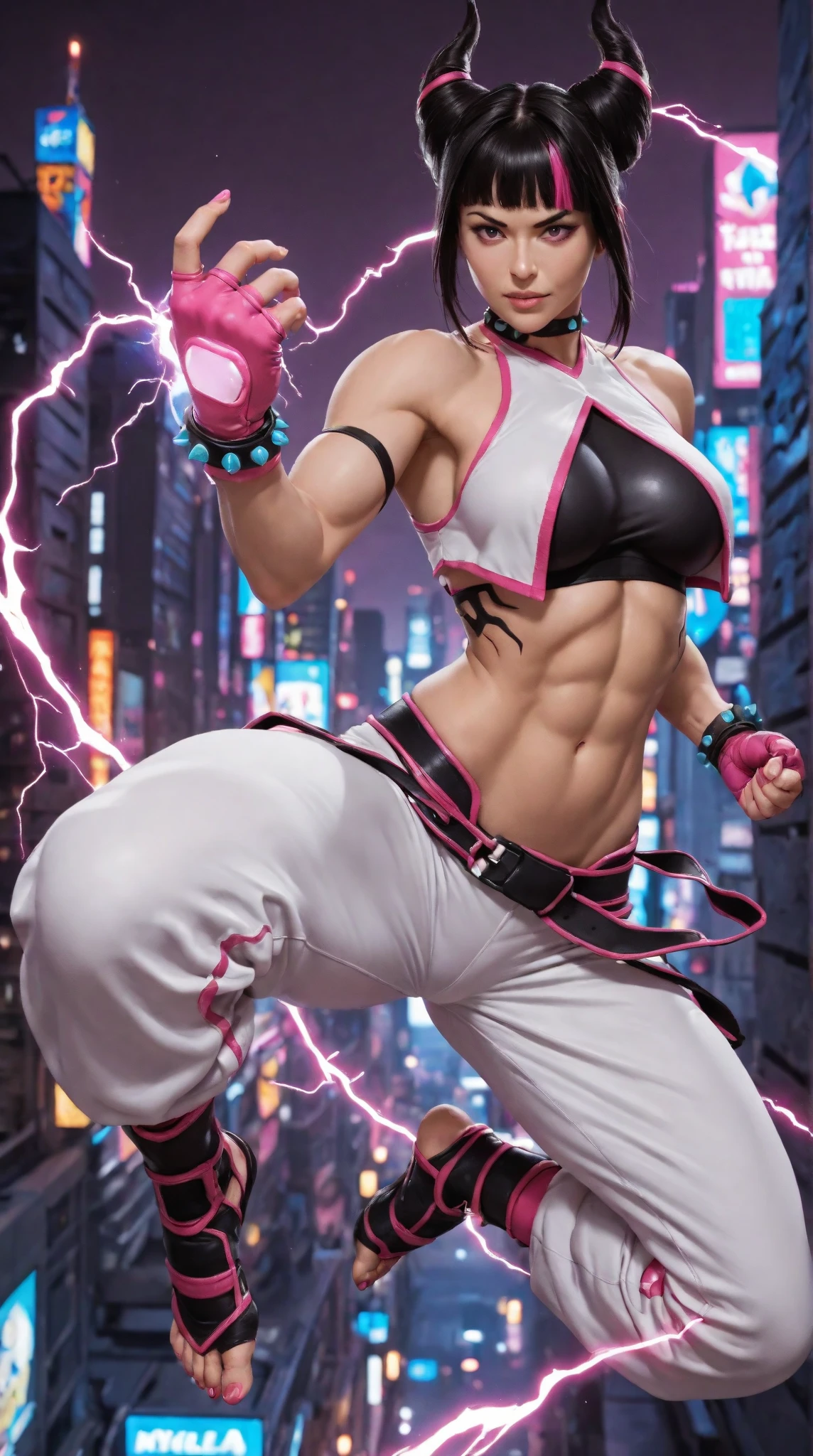 (Highest quality, 8k, masterpiece:1.3,beautiful girl), (masterpiece:1.3, Highest quality, 超High resolution, Very detailed),Beautiful body, Beautiful breasts, Beautiful thighs, Beautiful feet, Beautiful fingers, Glowing Skin,(((Long Hair,Black Hair,Beautiful Hair))),(Perfect ???????, Anatomically correct, Very detailed肌), Cute and symmetrical face, Perfect Face, Perfect Eyes, ((Perfect Fingers, Five Fingers)), (((whole body,Draw the whole thing)))((Two Arms)),Standing on one leg,Aggressive facial expression,City of night,Street Fighter,Sexy Mature Asian Woman, Oval Face, Detailed face and eyes, Beautiful purple iris, White eyeballs, Julie M.S., SFIV, Hair Horn, Very delicate lips, (A very suggestive smile:1.2), Wicked Smile, Wicked Smile, Grin, Angry fighting pose, loose white pants, Kick your legs up high, Thick thighs, barefoot, Mid-chest, Purple eyes, Long eyelashes, Thick eyelashes, 8k uhd, High resolution