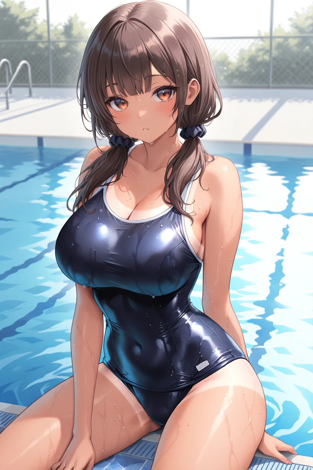 (((masterpiece))),(((High resolution))), (((perfect face)))、(((Japan beauty)))、15 years old, (((swimsuit))), ((top quality eyes)), detailed texture, ((high resolution face)), (at the swimming pool), (((leaning forward))), ((plump thighs))
