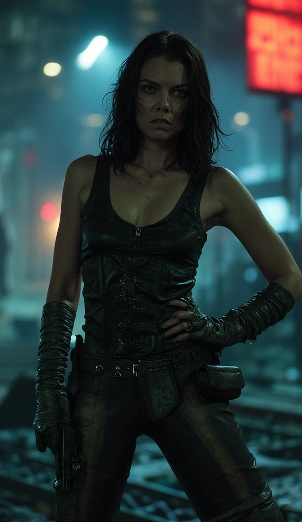 Gloomy girl, brunette, ponytail hairstyle, (zombie hunter, leather vest, torn black T-shirt, military pants, belt with holster), in a zombie hunter costume, neckline, standing against the backdrop of destroyed streets, looking at the viewer, gloomy lighting, dim light, depth of field, bokeh