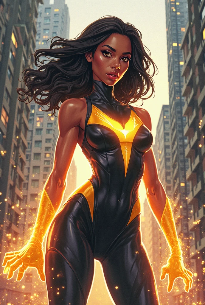 A graceful young african american woman with cat ears, eyes, and teeth,and with glowing golden eyes, browned skin, wave long hair. sharp claws extended as she lunges towards the camera. Glowing particle lights flying in the wind. Bold lines. Lovely and bright forest background. Electricity crackles around her.