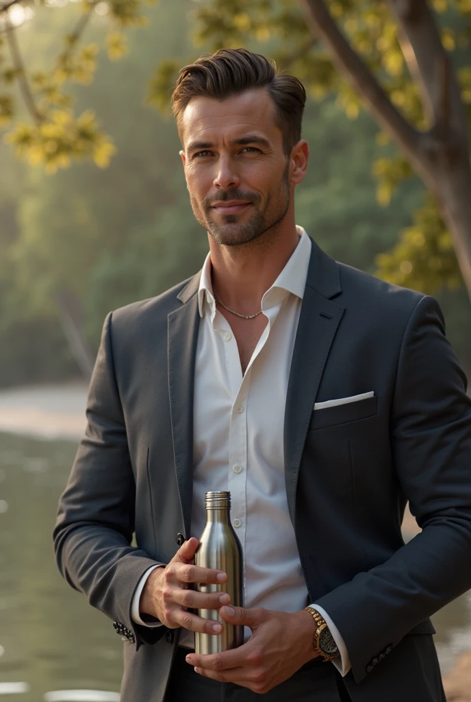 a europe gentle man dressed in a crisp white shirt and pants, the man's hair is brown short and neatly combed back is holding green glass bottle while sitting on a bench at park 