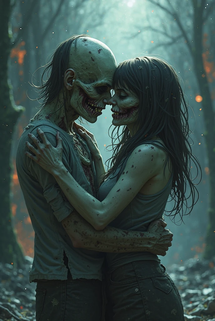 A pair of zombie lovers, their bodies decaying yet intertwined, dance in the moonlight, their movements both graceful and grotesque, a morbid waltz of eternal devotion.