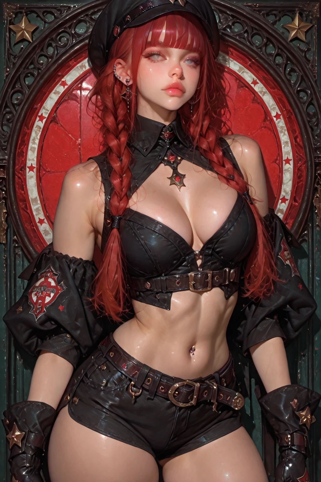 (Pixar style illustration:1.2), masterpiece, highly detailed, (ultra detailed), best quality, highest quality, (dynamic lighting), (dynamic lighting), (4k ultra hd), hyperdetailed, (demon woman), (small red horns), hentai, 1 woman, pink hair, (huge breasts), (shy), (tears), (tattoos:1.2), (hell background), (leather straps:1.2), (bondage outfit), (black outfit), (dagger on thigh), (thick thighs), (hands behind back), (full face), (in frame), (full body picture), (exposed face).