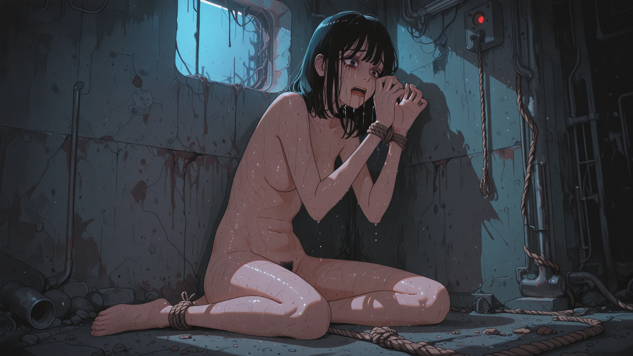 NSFW, 4k, Perfect Anatomy, masterpiece, highest quality, high detail, best quality, super detail, very detailed, detailed light, best shadow, textured skin, (Anime), (plug gag:1.5), tongue out, stick out tongue, ((1girl, solo, asashio_kantaicollection, long hair, black hair)), ((restrained)), ((looking at viewer)), (tied, shibari, tied up with rope:1.5), ((lying)), thighs, (arms behind back, spread legs:1.5), in stocks pose, hot spring, drooling, splashing, steam, (night), dark