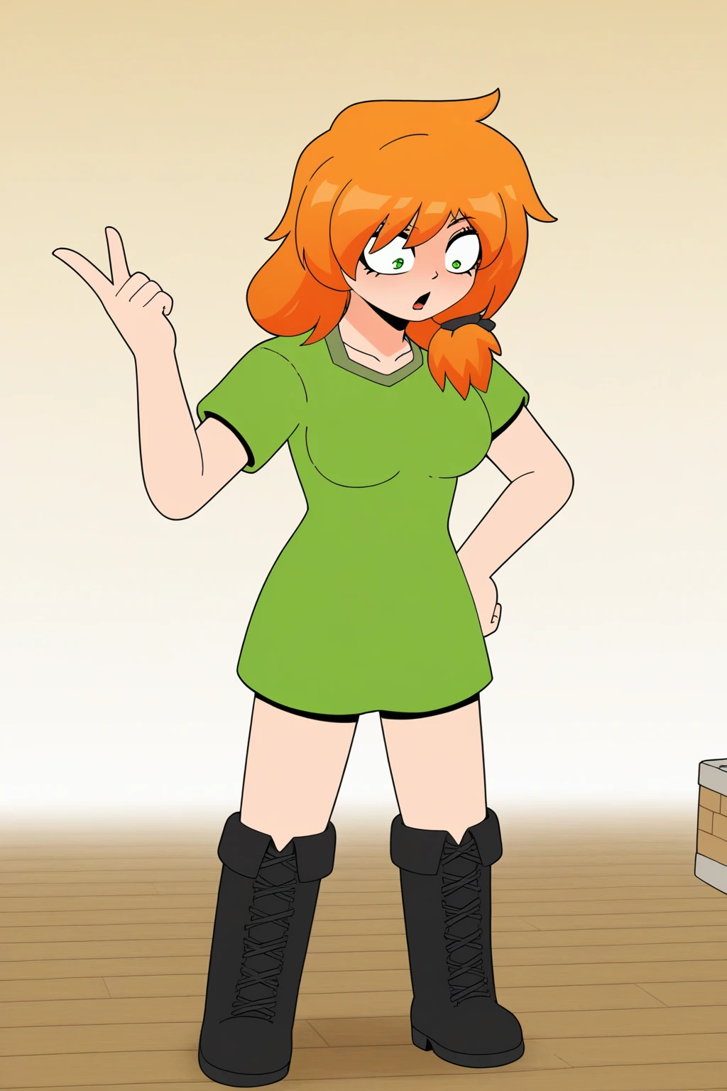 <lora:DSideGF:0.8> DSideGF, 1girl, light smile, orange hair, solo, jacket, shirt , freckles, black eyes, twintails, short twintails , pants , green jacket , short hair, purple_shirt , long sleeves, open clothes, sweater, purple sweater, chibi, speaker,
