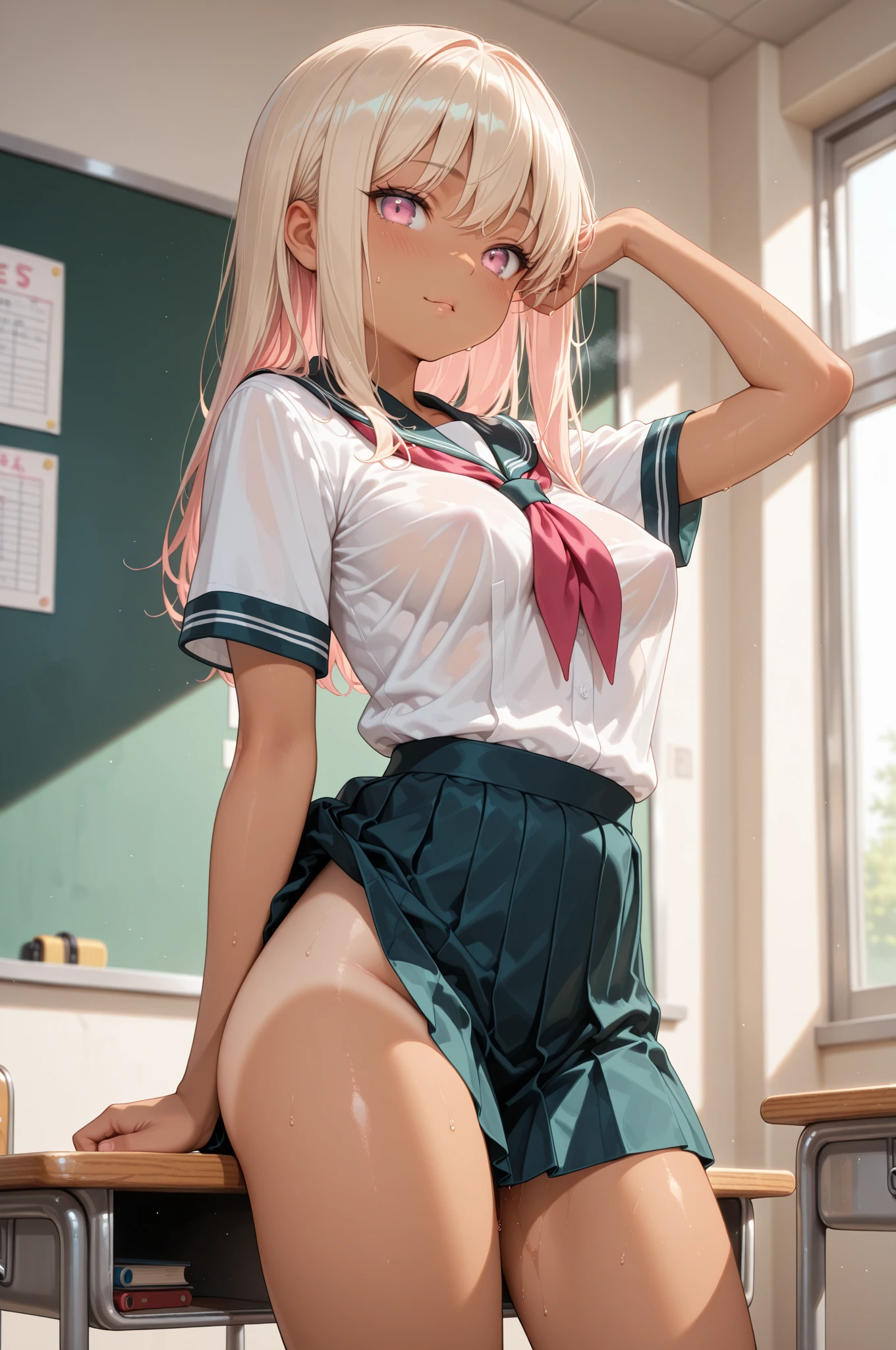 details, exposure,, silver hair, shortcut, huge, big ass, no bra,no panty,watch viewer, sweating profusely, muscular, vulgar,schoolgirl,open crotch,,show off,front,open legs,squat,pee,