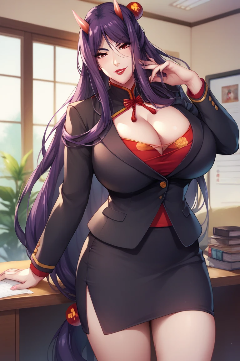 (extremely detailed CG unity 4k wallpaper),(masterpiece),(best quality),(ultra-detailed),(best illustration),(best shadow),(absurdres),(detailed background), Catgirl with Cat tail, Heterochromia, Red blazer, Black pencil skirt, High heels, Elegant, Very long blue hair (Hime), Relaxed standing posture, Hotel reception desk, Thick thighs, big breasts, Big butt, Make up,
