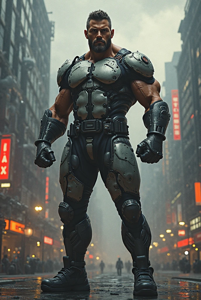 Arad man in gray, black and white clothes standing on the city street, muscle male hero, Buzz cut, heroic male pose, tall and burly, muscular! Wearing black sunglasses, cyberpunk, stealth suit, super buff and cool, high resolution committee, character design police, black army boots, charismatic strong male with armor