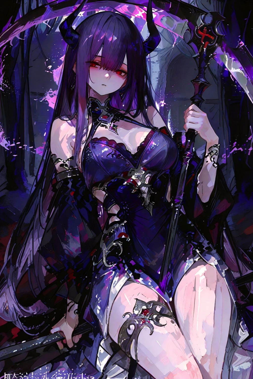 Women (The chest is just right.)Long black hair, black eyes, wearing a black-purple fantasy outfit. Holding a cool angel's scythe and releasing dark magic in one hand. (She made a sleepy face while standing in the park after dark.)