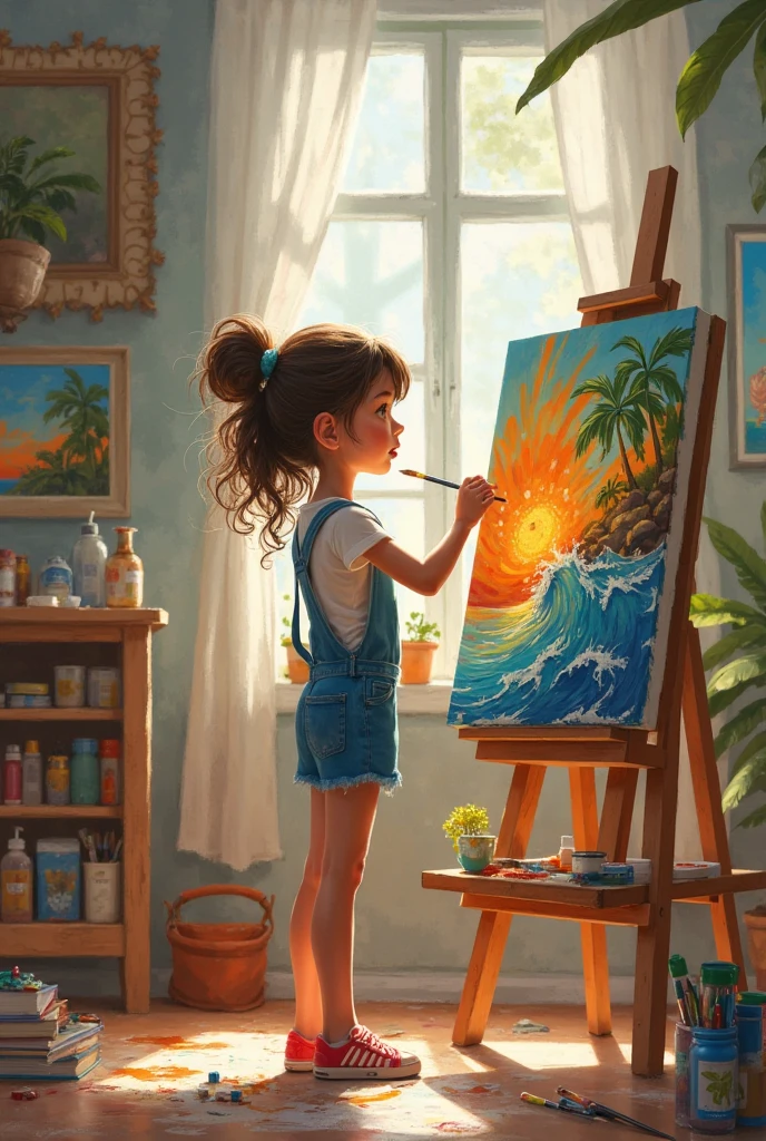 A poster,A girl holding a drawing board and drawing,at the seaside,The infinite sea of words